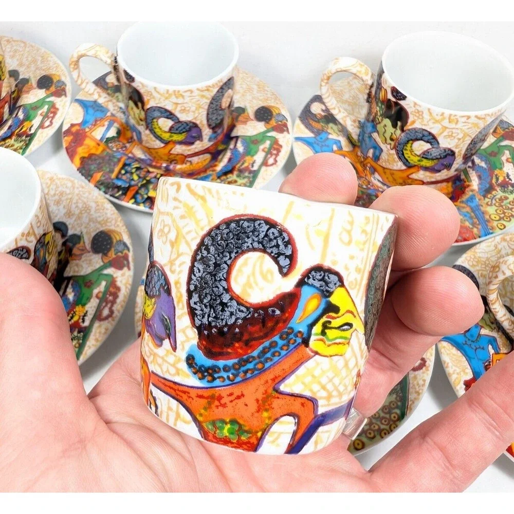 Pacita Abad Espresso Set‎ Mini Cup Mug Saucer Porcelain RARE Wayang Pandawa Lima